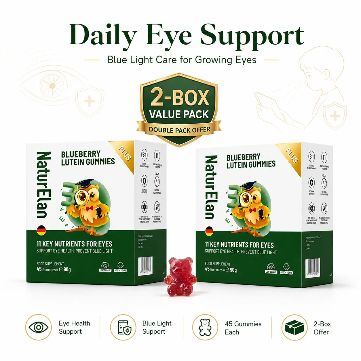 NaturElan Nobel-Grade Eye Health Gummies | Blue LightSupport, Eye Fatigue Relief & Vision Support for Screen Users|Sugar Free