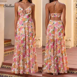 Women Floral Print Tie-Up Maxi Dress Halter Neck Backless Dress Summer Fashion Sleeveless Casual Dress