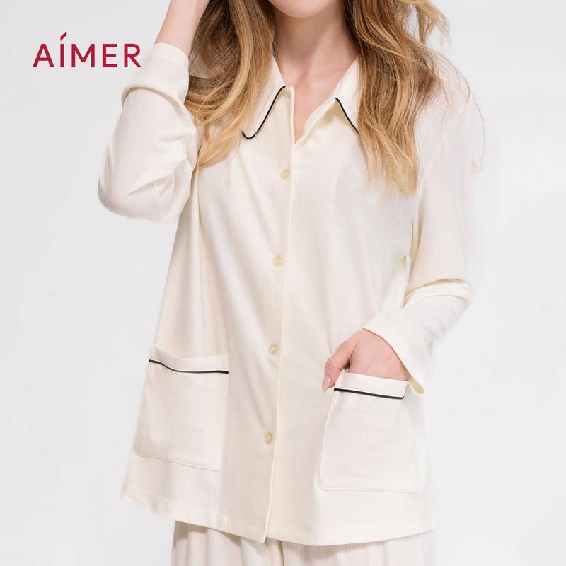 AIMER Long Sleeve Pajama Set Soft Warm Lightweight Fabric Relaxed Loose Fit V Neck 2 Piece Cozy Sleepwear Matching Loungewear Nightwear with Front Pockets Minimalist Basic Womenswear Fall Essentials Black Friday Comfort Daily Wear TikTokShopHolidayHaul
