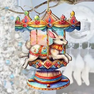 Designocracy 8100195-1 5 x 5.5 x 0.25 in. Carousel Bunny Wooden Christmas Decor Ornaments