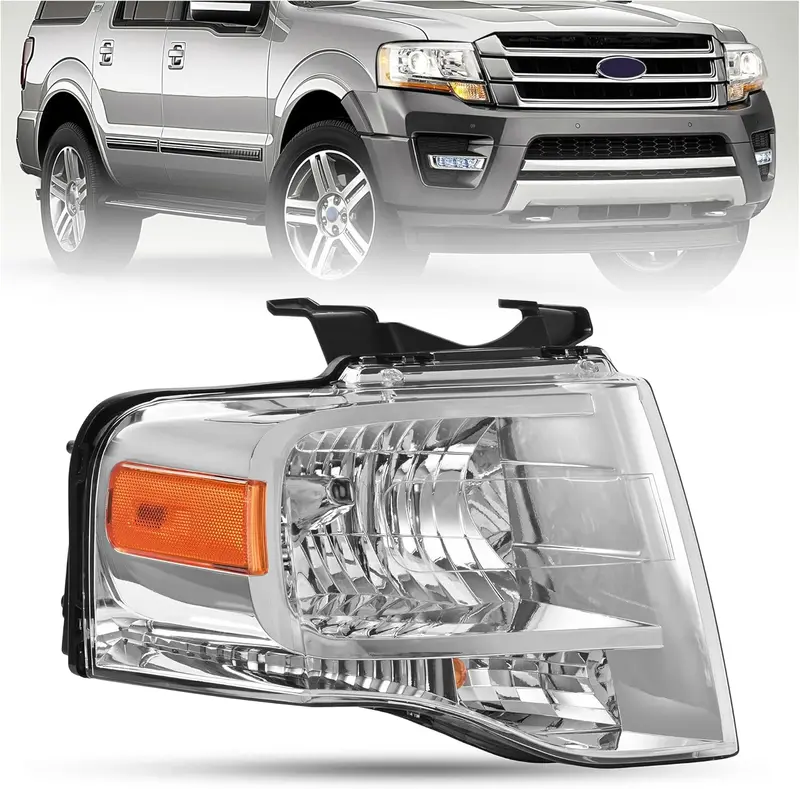 thumbnail image 2 of Pair Of Halogen Headlights For Ford Expedition 2007-2014 - Amber Corner, Chrome Housing, With Bulbs 2 of 4