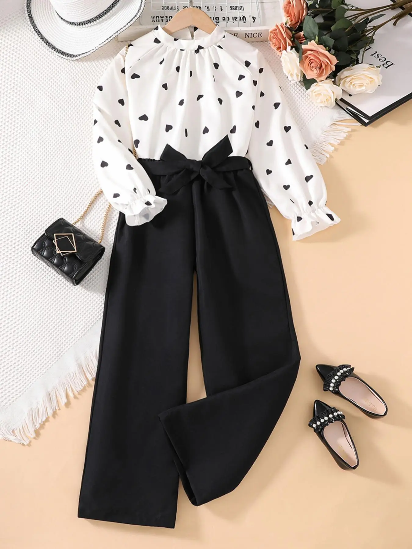 Girls' Heart Print Bubble Long Sleeve Top & Wide Leg Pants Set, Adjustable Waist Belt, Comfortable Fall, Heart Pattern