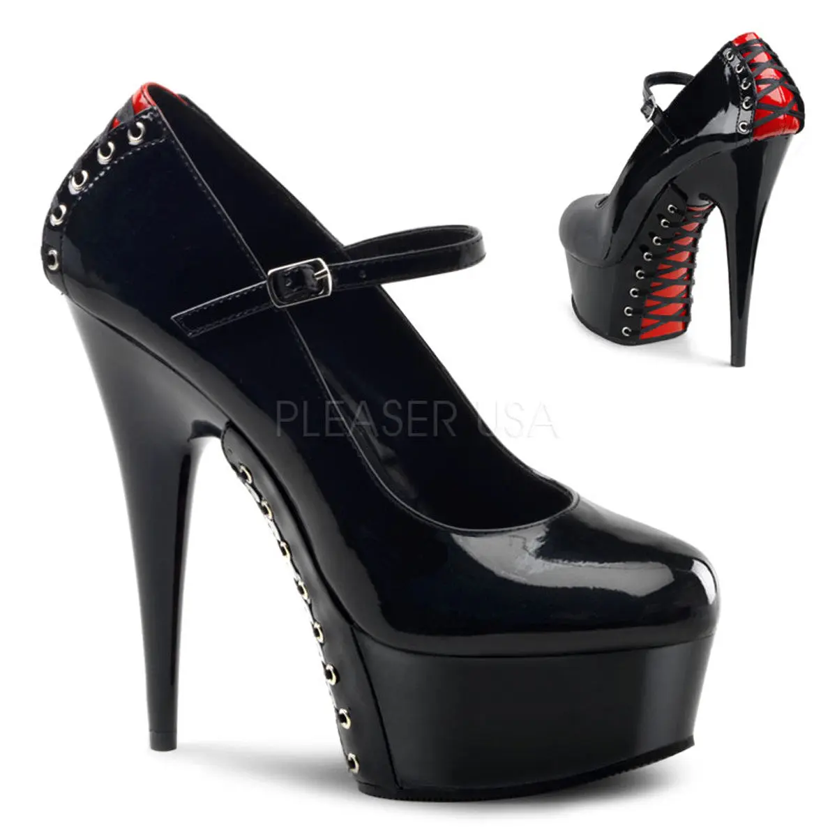 Women's Fashion Platform High Heels - Stylish Mary Jane Footwear, Black Patent Leather with 6" Stiletto, 1.75" Platform, Corset Lacing, Platform Heels