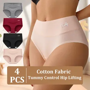 QUASTI Women's 4-Pack High-Waist Cotton Panties - Minimalist Basic Fabric, Stretchy High Elastic Tummy Control, Solid Waistband Letter Design, Full Coverage, Hip Lifting, Breathable, Smooth Everyday Wear, S-XXL
