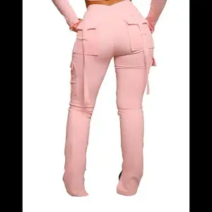 Workwear pocket drawstring waistband slit leg casual pants Adjustable Bottoms