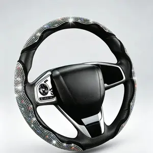 Luxury Rhinestone-Adorned Black Steering Wheel Cover - Sparkling Accents, Enhanced Grip, Stylish Car Interior Upgrade Accessory for Automotive Use