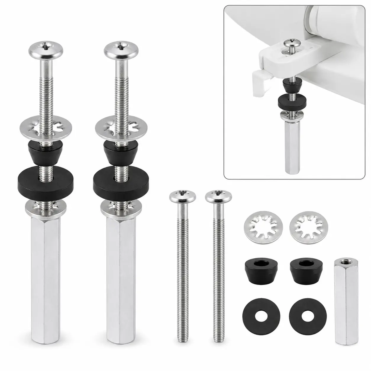 2PCS Extra Long Toilet Seat Bolts, 3.74 Inch Heavy Duty Metal Toilet Seat Screws with Locking Nuts & Anti-Slip Rubber Washers, Universal Replacement Hardware for Toilet Seat Repair