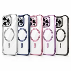 Luxury Magsafe Magnetic iPhone 16 15 14 13 12 11 Pro Max Plus Transparent Pink Soft Plating Lens Protection Case Cover for Smartphone Casing