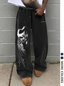 Men's Casual Loose-Fit Cotton Sweatpants, Graphic Skull Print Drawstring Waistband, All-Season Comfortable Pants for Daily Wear