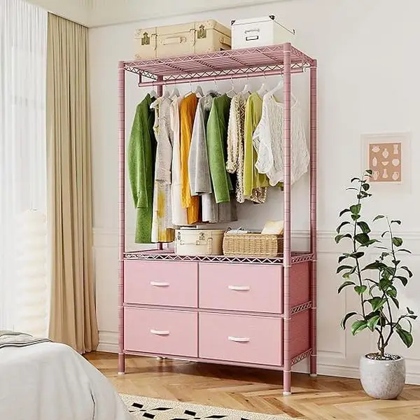 Raybee Furniture Clothing Rack with 4 Large Fabric Drawers, Heavy Duty Clothes Racks for Hanging Clothes Rack Adjustable Portable Closet Wardrobe Meta