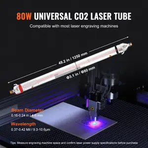 fathersdaygift VEVOR 90W CO2 Laser Tube, 49.2 in (1250 mm) Length, 3.1 in (80 mm) Dia Borosilicate Glass Laser Cutter Tube with Metal Head, 10, 000hr Wires Preconnected for Laser Engraver Engraving Cutting Machine