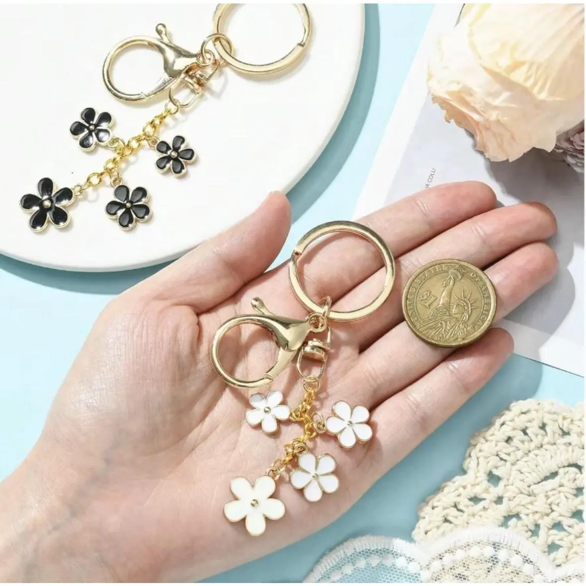 Kawaii Floral Pattern Keychain Set - Durable, Elegant Unisex Keychain Bag Pendant, Bulk Gift Ideas for Purse & Handbag, Home & Festive Party Supplies Bag Decor