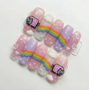 Nyan Cat Meme Nails | Galaxy Starry Sky & Clouds Design | Custom Fake Nails