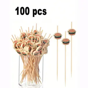 50/100pcs Pack Toothpicks for Appetizers,Hamburger Pattern Durable Bamboo Toothpicks Hamburger Cocktail Picks, 4.7 Inch Bamboo Cocktail Picks Skewers Fruit Sticks, Fancy Toothpicks for Breakfast Sandwiches Hamburger Fruit And Parties Events
