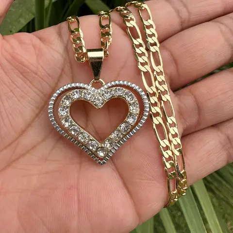 Heart Necklace with Figaro Chain Tarnish Free Elegant Pendant for Women
