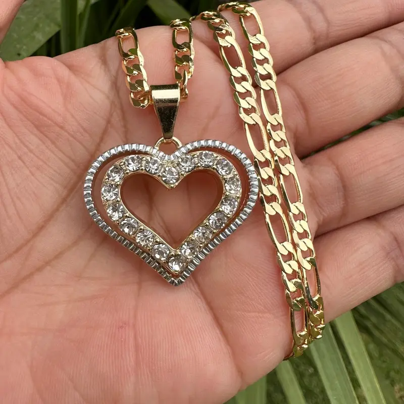 Heart Necklace with Figaro Chain Tarnish Free Elegant Pendant for Women