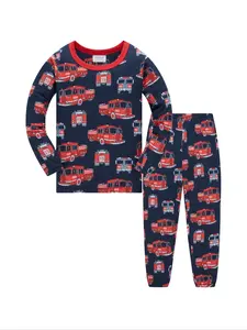 Boys' Long Sleeve Pants Set, Deep Blue Fire Truck Print, Pajama Pattern, Comfortable Casual Home Wear, Spring Summer Fall, Ages 1-8 Years, Print Sleepwear, Pajama Sets