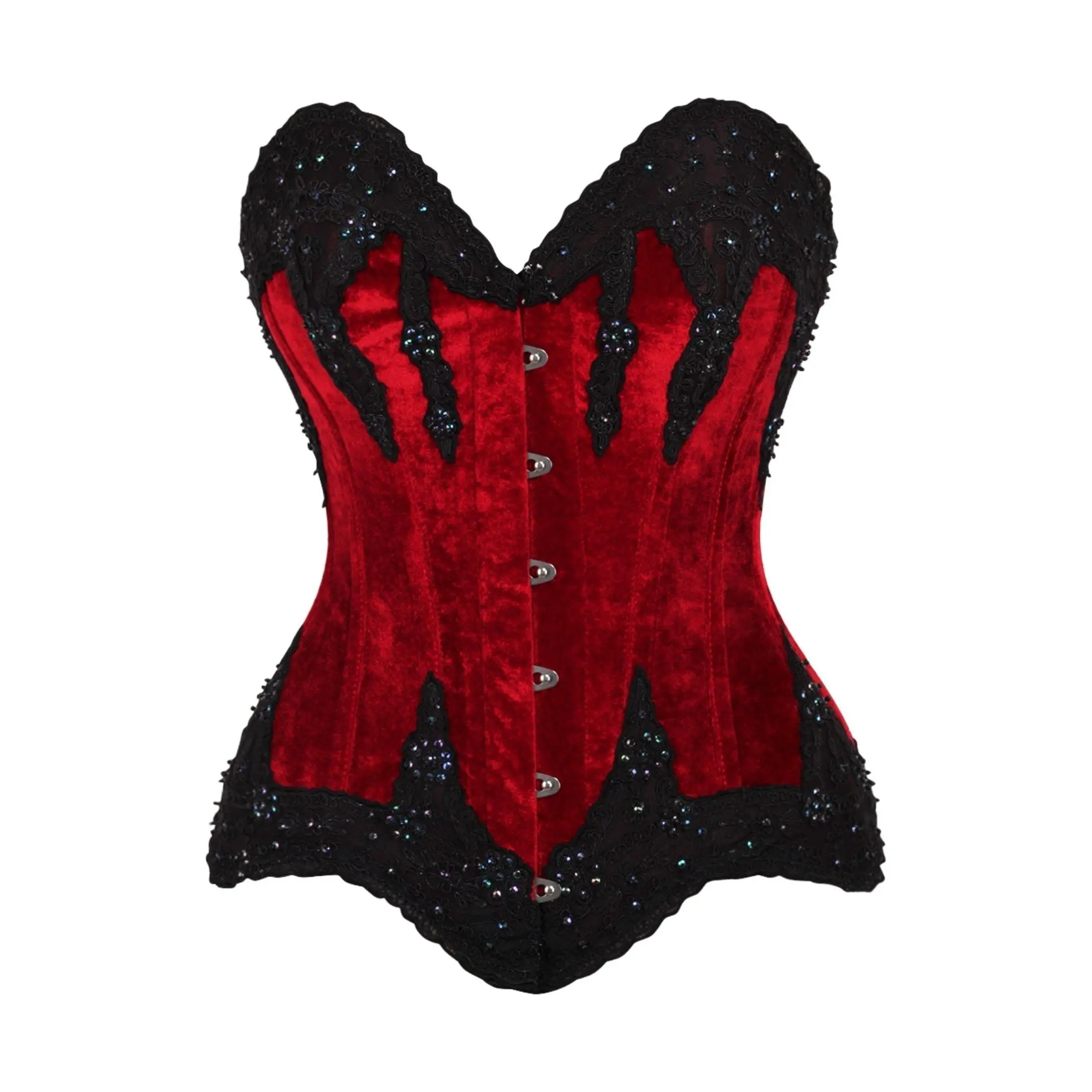 Top Drawer Dark Red Velvet & Beaded Steel Boned Overbust Corset