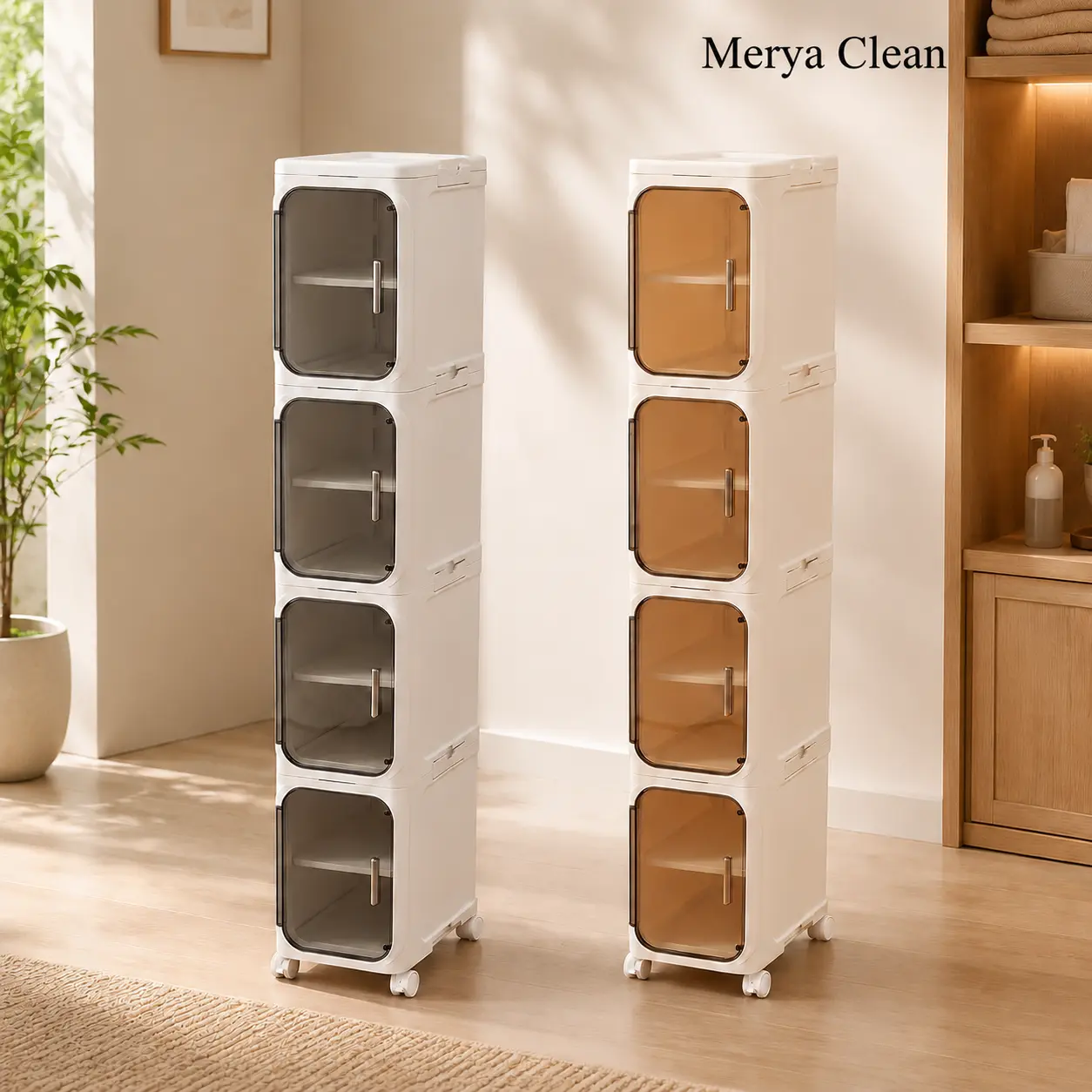 4-Tier Slim Storage Cabinet with Doors, 8.3" Narrow Bathroom Organizer with Adjustable Shelves and Lockable Wheels, Foldable Plastic Storage Cabinet for Small Spaces, Bathroom, Kitchen, Laundry Room, Dorm