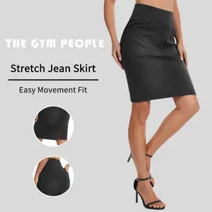 THE GYM PEOPLE Women's High Waist Stretchy Denim Skirt Knee Length Slim Fit Pencil Jean Skirt Back Slit with Pockets Minimalist