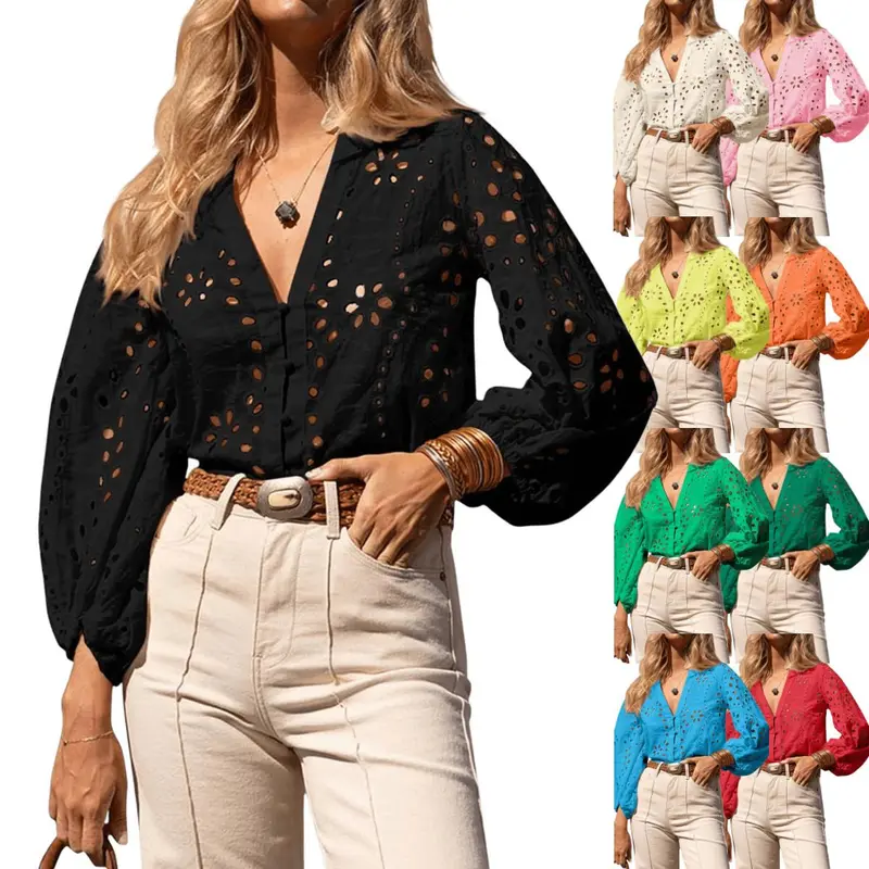 Imily Bela Womens Deep V Neck Eyelet Blouses Tops Dressy Casual 3/4 Balloon Sleeve Cotton Button Down Shirts