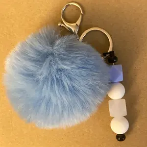 Pom Pom Keychain, Light Blue and White