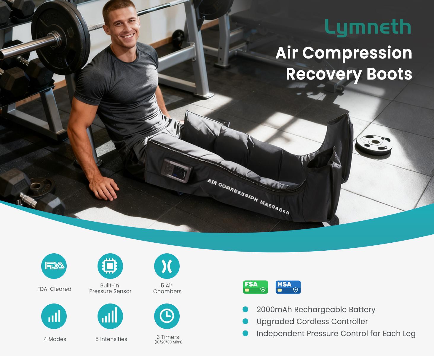 Lymneth Professional Air Compression Leg Massager for Circulation and Pain Relief, Cordless Full Leg Recovery Boots with Dual Controllers, Sequential Compression Therapy Machine - Pair, M