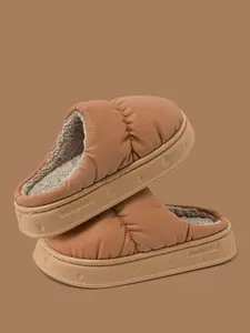 Unisex Thick Sole Bread Slippers, PU Upper, Soft Fuzzy Lining, Waterproof Outer, Non-Slip Eva Bottom, Winter Indoor Home Shoes