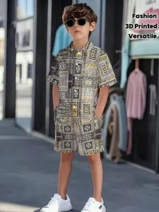 3D Print Short Sleeve Romper, Boy Summer Casual Set, Loose Fit Comfortable Fashion Clothes, Kids' Trendy