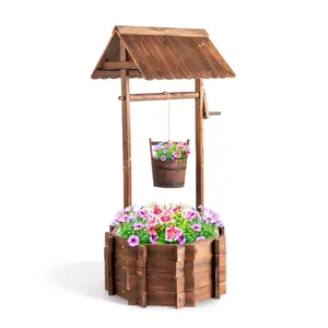 【Summervibes】Wooden Wishing Well Outdoor Planters, Well Covers for Yard with 2 Reinforced Rods, Height Adjustable Hanging Bucket, Rustic Flower Pot Home Decor for Outside Patio Garden