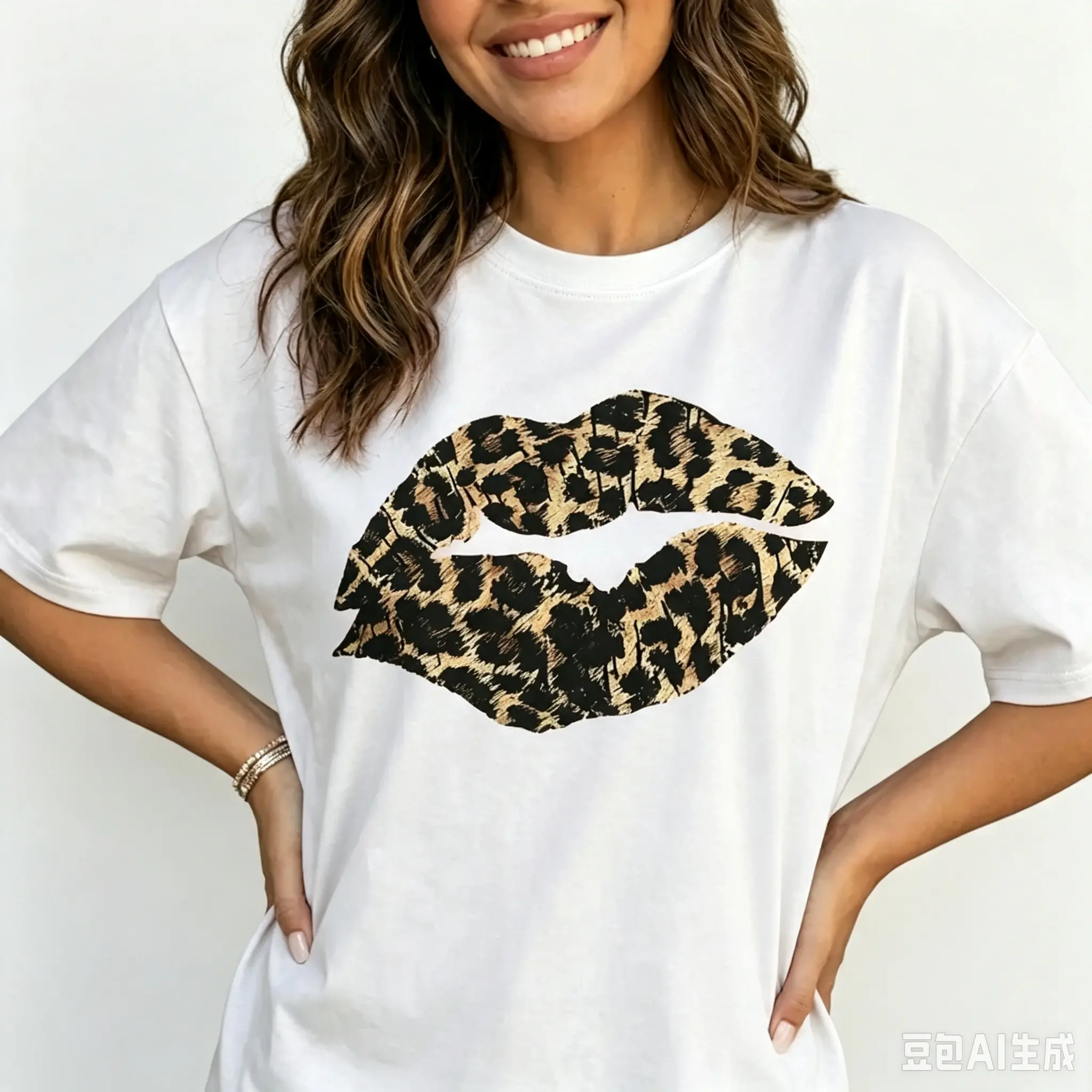 Leopard Print Lips Graphic Tee Women Plus Size Animal Print Shirt