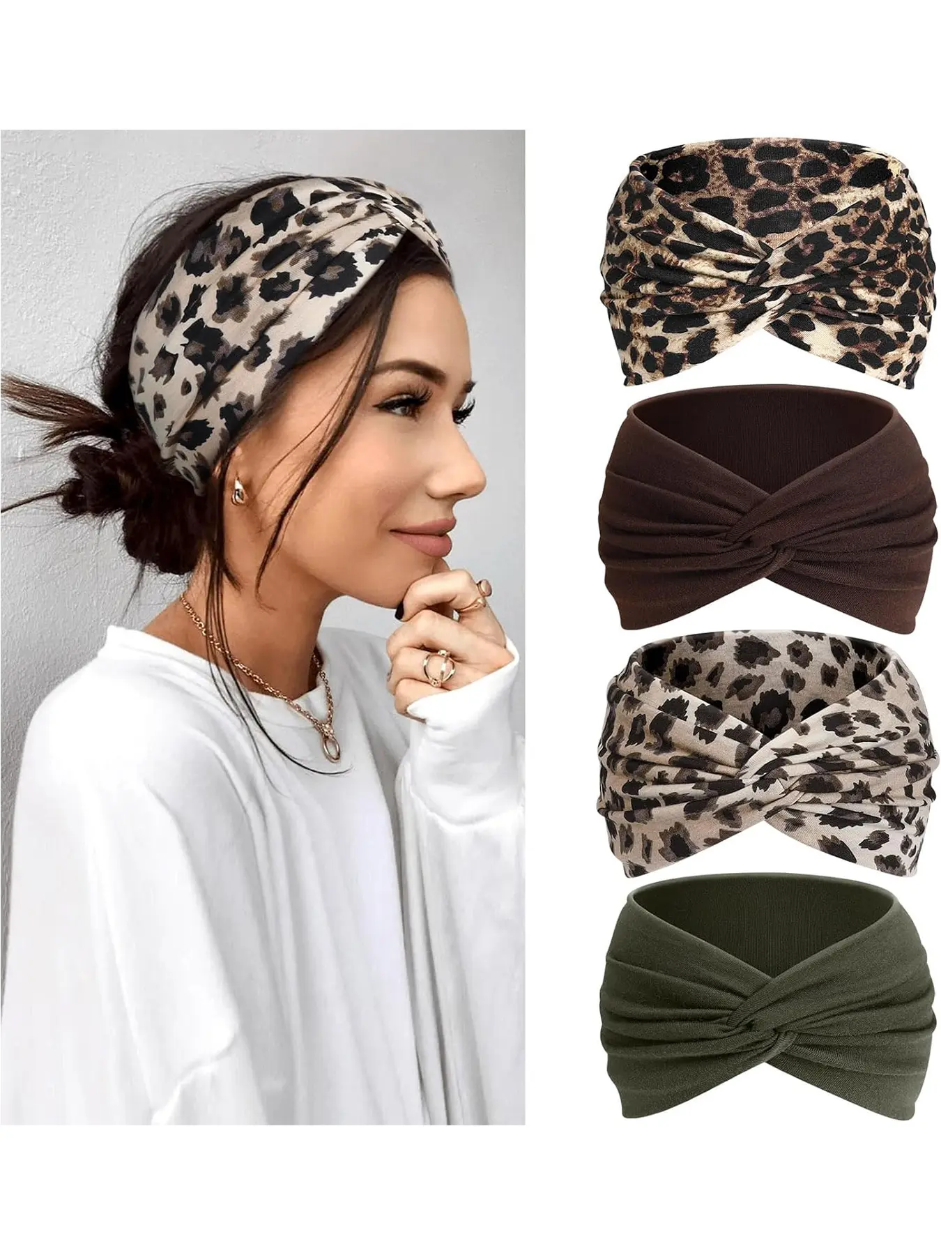 Women's Hairband Set of 4, Wide and Narrow Elastic Boho Dye Bow Headbands, Vintage Style for Sports, Yoga, Makeup, Spa, Fashion Accessory, Hair Bows Headbands, Stretchy Headbands, Workout Headband