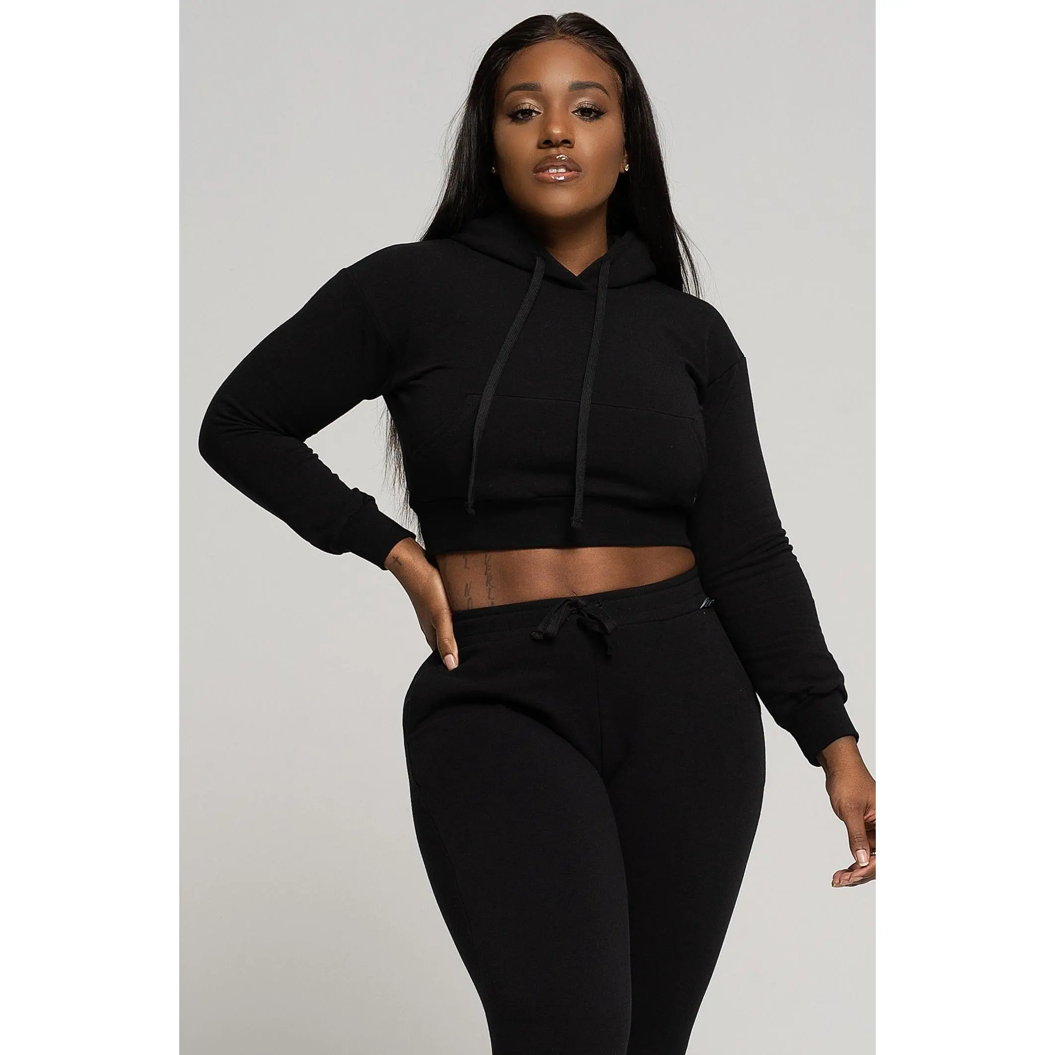Black Fitted Crop Hoodie