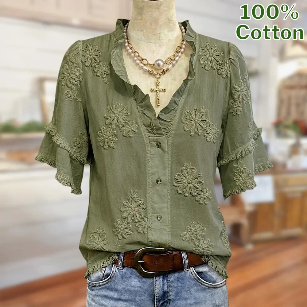 Sage Vell 100% Cotton Exquisite Floral Embroidery Blouse Vintage Ruffle Collar Short Puff Sleeve Striped Cuff Shirt Casual Floral V Neck Summer Top for Daily Wear Beach Vacation Streetwear