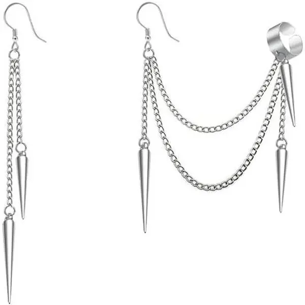 Black Spike Asymmetric Threader Drop Dangle Earrings for Women Men Teen Girls Boys Punk Personalized Cartilage No Pierced Cuff Long Chain Fish Hook   Earrings for Boyfriend Daughter Son