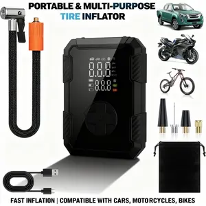 A compact, rechargeable air compressor pump, Portable tire inflator, with digital display and LED lighting, suitable for cars, motorcycles, bicycles. With one-touch inflation, 5 preset modes, SOS red strobe, and mobile power bank functionality