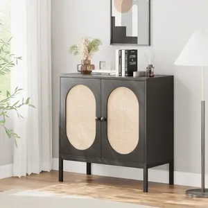 Garvee Black Rattan Sideboard Buffet Cabinet – Wooden Storage Console Table with Doors & Shelves, Plain Metal Feet, Boho Accent Furniture for Entryway, Hallway, Living Room, Dining Room, Kitchen –