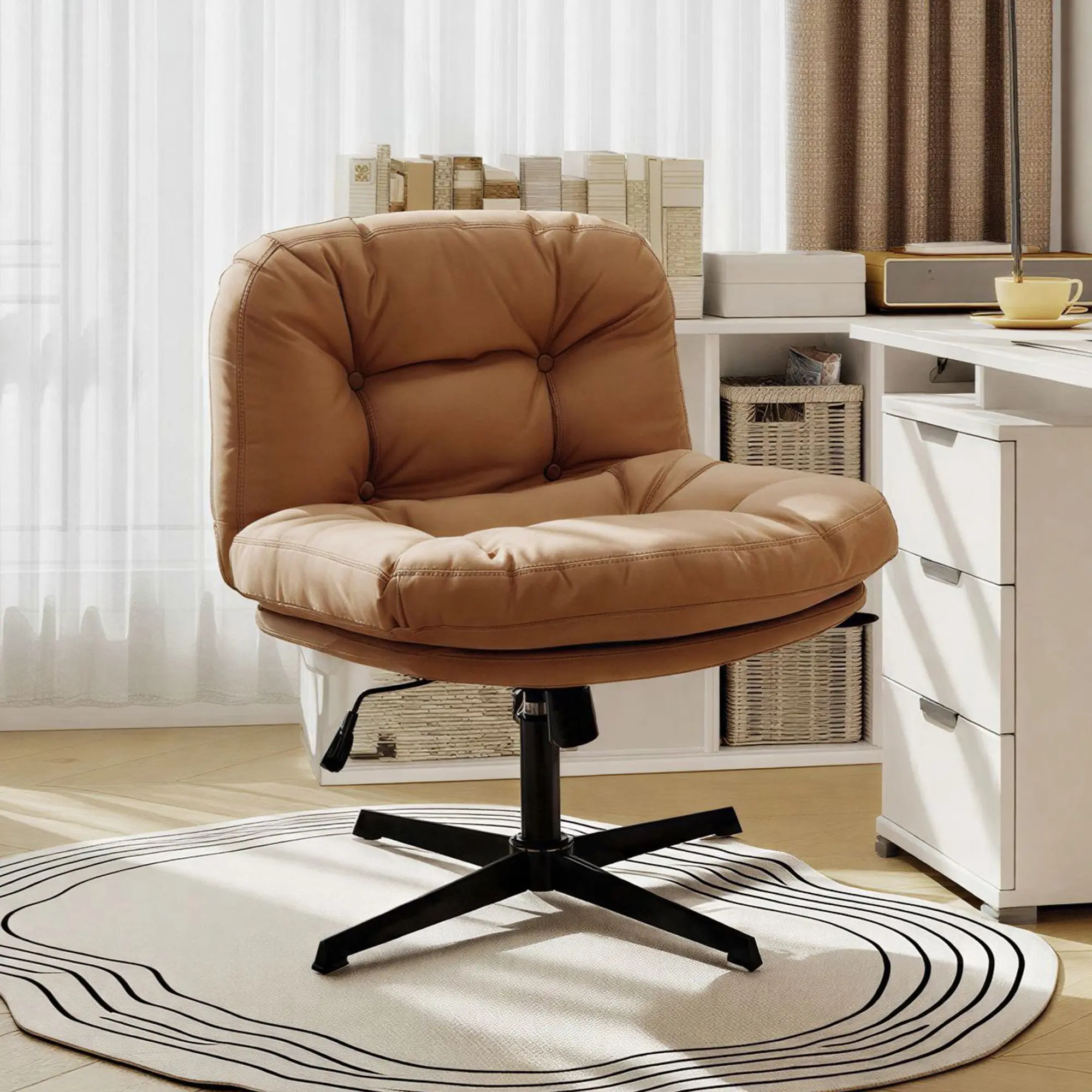 ERMNOIS Criss Cross Chair Indoor Furniture Desk Chair Armless Cross Legged Swivel Chair, Adjustable Height Padded Vanity Chair for Home Office Bedroom
