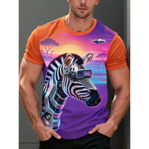 Men'S Cyberpunk Mechanical Zebra Graphic Crew Neck T-Shirt, Breathable Comfortable Tee with Neon Savanna Print, Plus Size