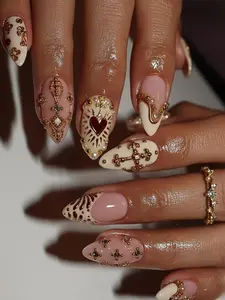 Golden Heart Baroque Press On Nails, Valentine Nails, Vintage Religious Nail Art|