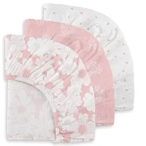 3 Pack Baby Muslin Mini Crib Sheets, Organic Cotton (Oeko-Tex 100) Breathable Pack and Play Sheets Fitted Soft Cozy Cotton Pack N Play Sheets for Baby Boy Girls, Universal Fitted Mini Crib Mattresses 38"x26"