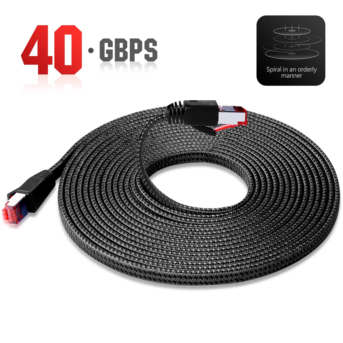 Flat Ethernet Cable, 40Gbps 2000MHz Shielded RJ45 LAN Cord, Nylon Braided Network Cable for Router, PC & Gaming Console, 1m/5m/10m