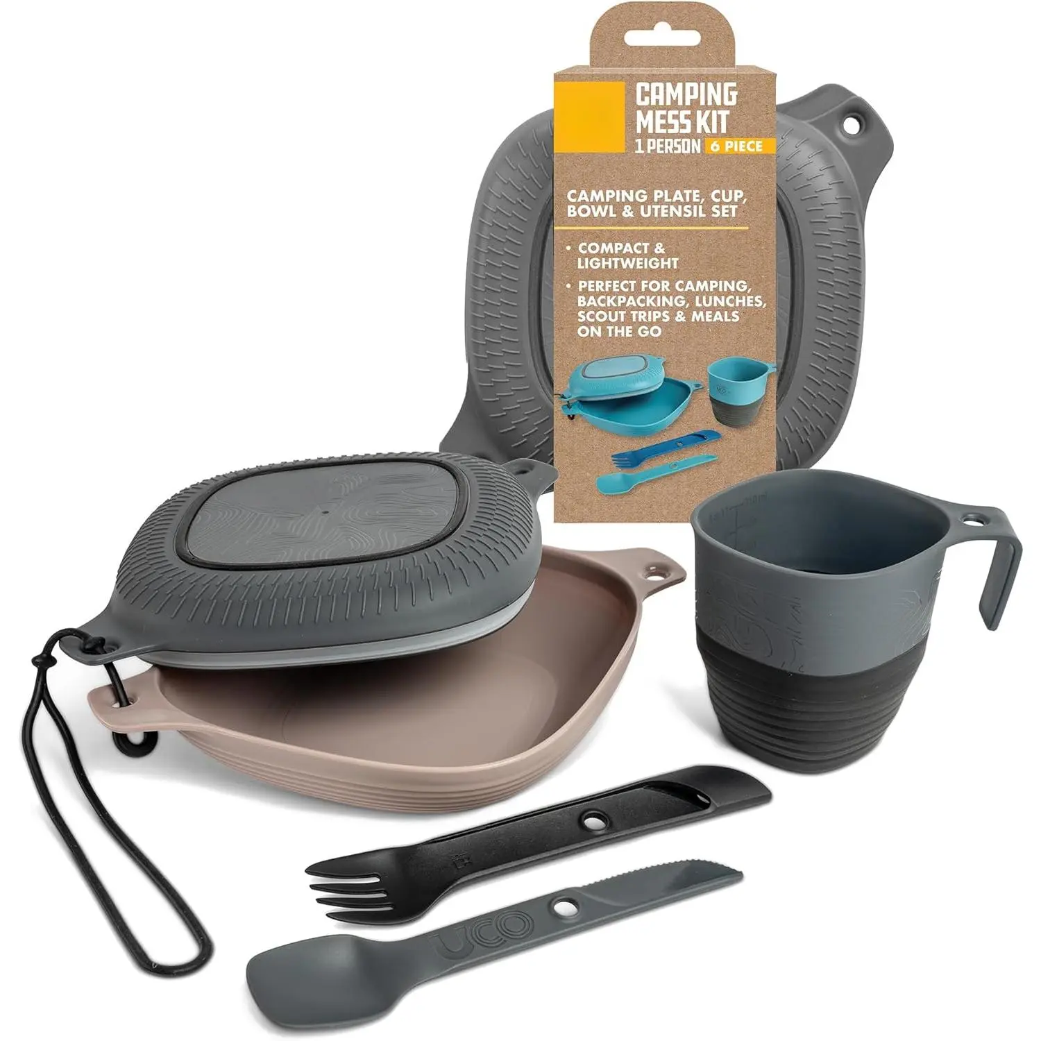 6-Piece Camping Mess Kit with Bowl, Plate, Camp Cup, and Switch Spork Utensil Set
