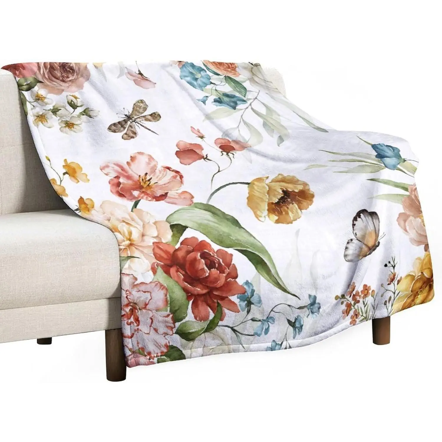 Colorful Watercolor Flower Print Blanket,Vintage Art Blooming Red Yellow Poppy Floral Pattern Throw Blanket,for Kids Teens Adults Sofa Bed Travel Camping 40x60in