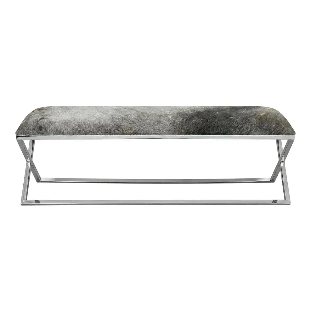 Gray Cowhide Upholstered Backless Bench - Metal Frame, Modern Contemporary Indoor Stool with Solid Texture, Stable Proportions for Living Room Entryway, Stainless Steel, Natural Hide