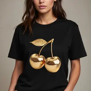 Gold Cherry Graphic Tee Trendy Aesthetic Shirts for Women Men Cute Casual Daily Wear Soft Comfortable Summer T Shirts Y2K Retro Graphic Tops