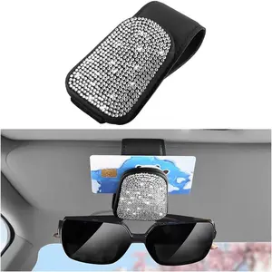 Bling Sunglass Holder for  Sun Visor,  Leather  Rhinestones  Eyeglasses Visor Clip,  Automotive Glasses Hanger Mount,  for SUV RV  (Black/White)