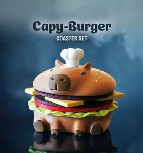 Capy-Burger Magnetic Coaster Set  | 3D Printed Capybara Burger Coasters with Snack Bowl & Hidden Bottle Opener