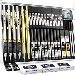 Nicpro 37PCS Gold Art Mechanical Pencil Set, 4PCS Metal Drafting Pencil 0.3mm, 0.5 mm, 0.7 mm, 0.9 mm & 2PCS 2mm Lead Holder (6B 4B 2B HB 2H 4H Colors) For Sketching Drawing With 23 Tube Lead Refills