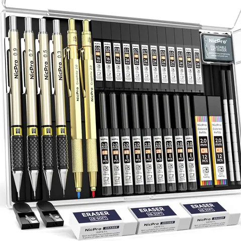 Nicpro 37PCS Gold Artist Drawing Pen Set - Refillable Art Set with Assorted Graphite Mechanical Pencils, 4 Metal Drafting Pencils (0.3/0.5/0.7/0.9mm), 2 2mm Lead Holders (6B/4B/2B/HB/2H/4H), 23 Tube Multiple Leads Refills for Sketching
